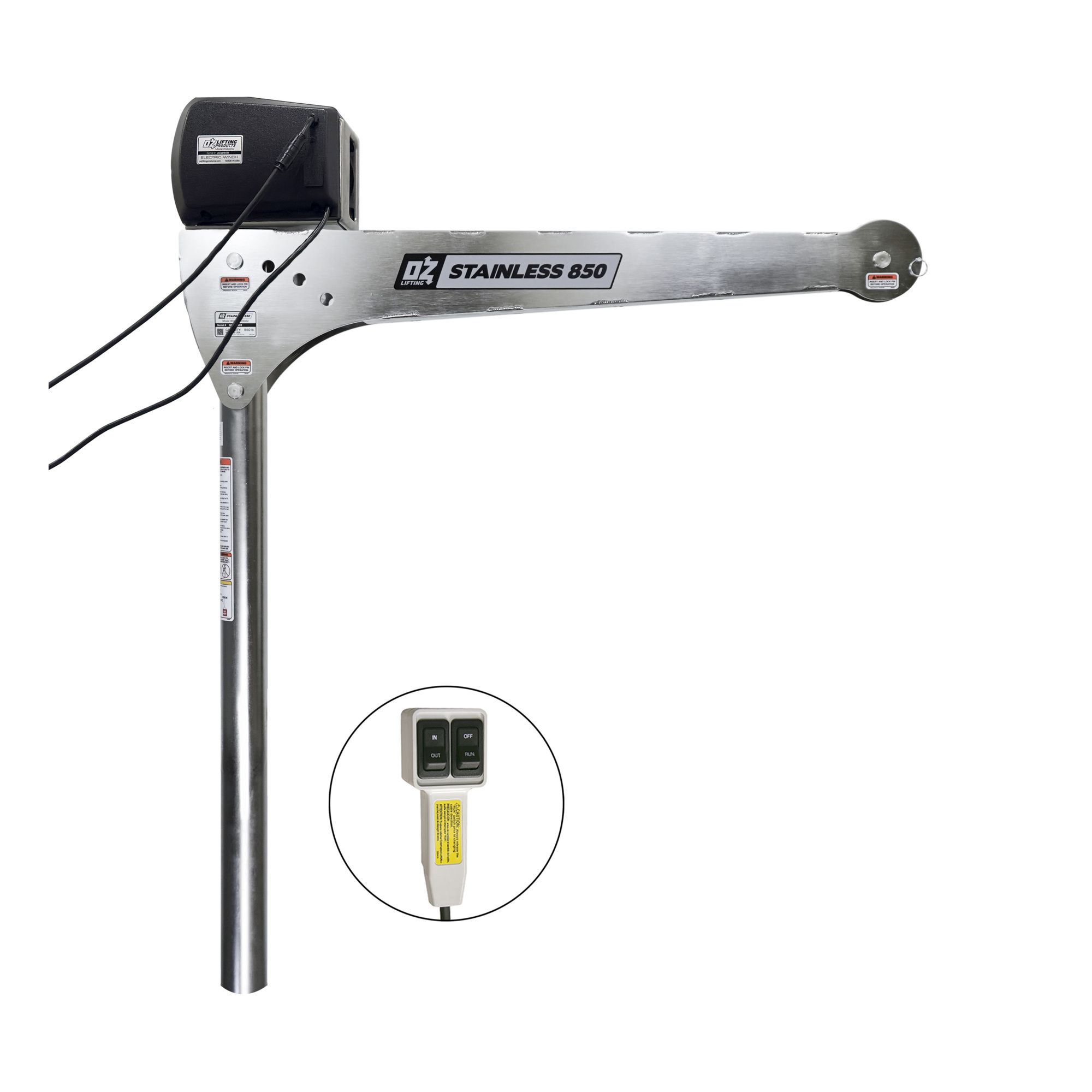 OZ Lifting Products, Stainless Steel Davit Crane, 850 lb with 115V AC electric winch, Model # OZSS850DAV-ACW